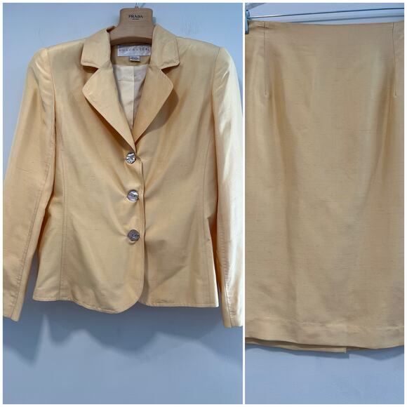 VTG Doncaster 100% Silk 2 Pc Skirt Suit Metallic Gold Blazer& Skirt Sz 14 JJ - Picture 1 of 16